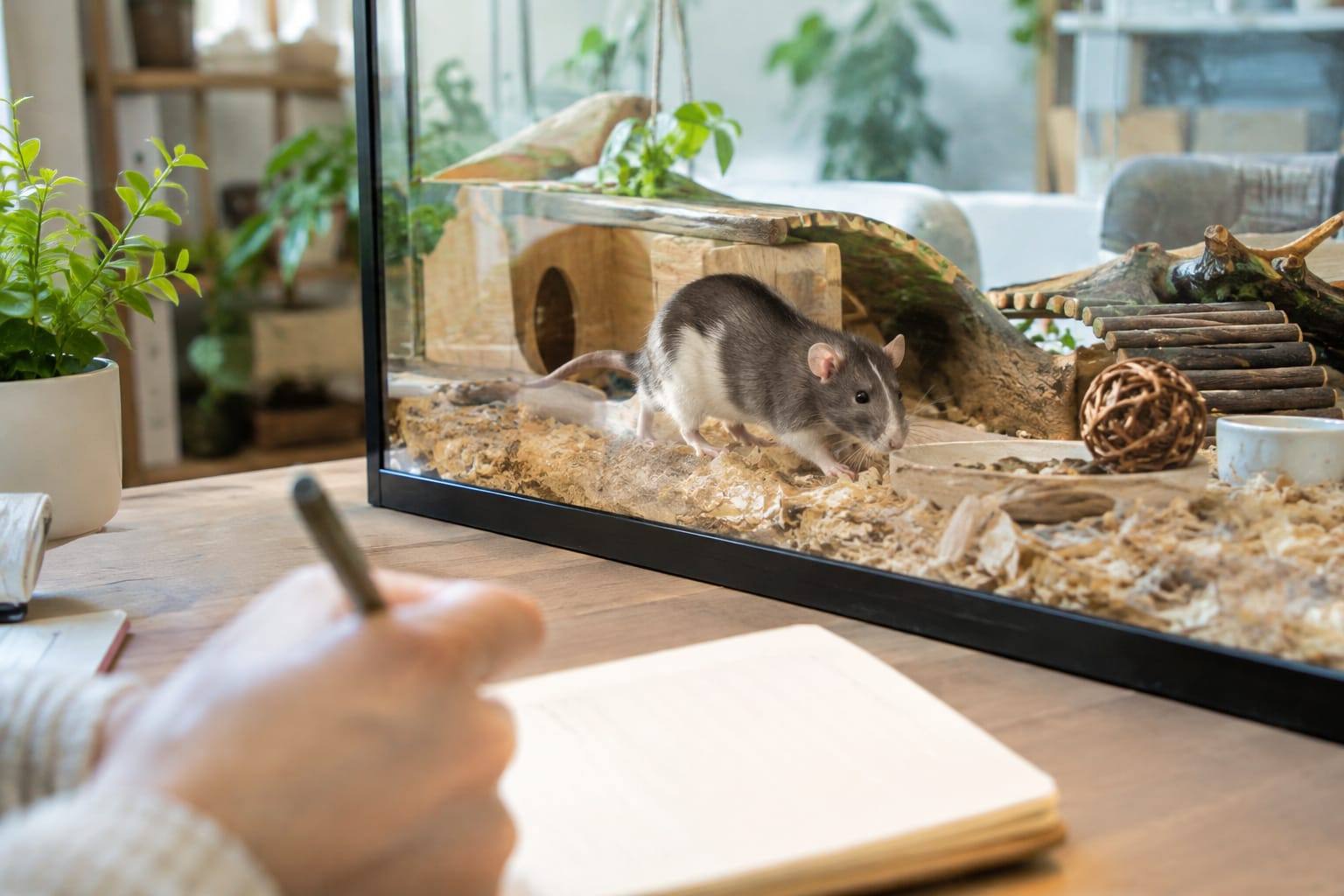 Un rat domestique calme dans son habitat, près d’une personne qui consulte un carnet de soins dans un intérieur lumineux.