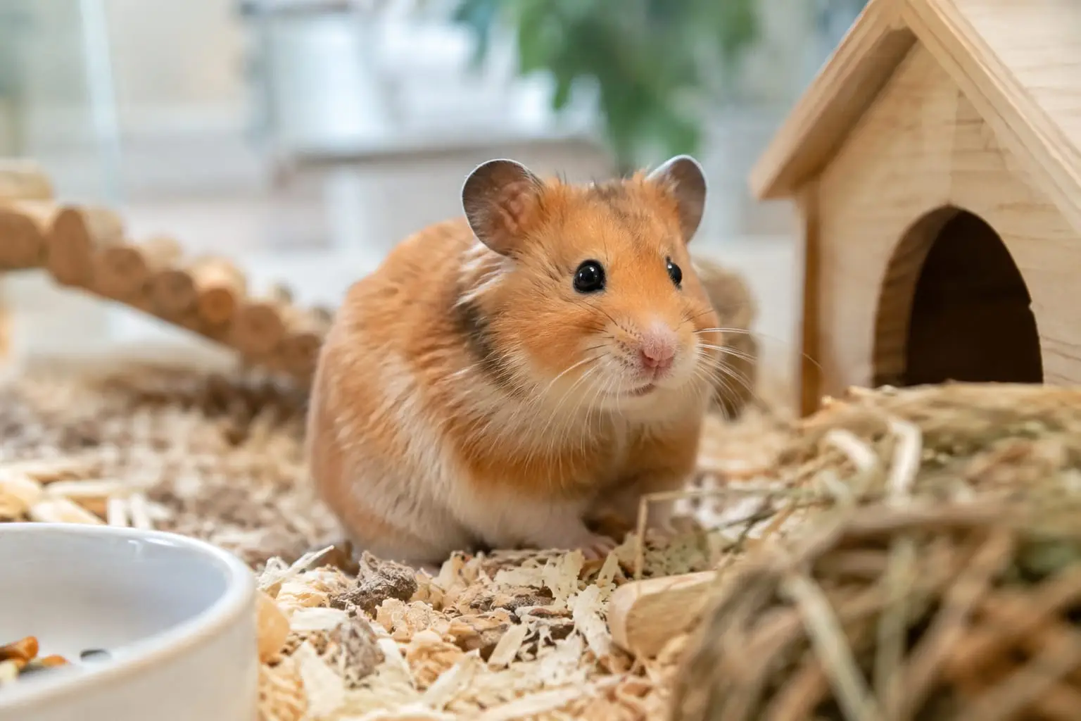 Hamster syrien doré aux joues visibles, observé calmement dans un habitat propre et aménagé.