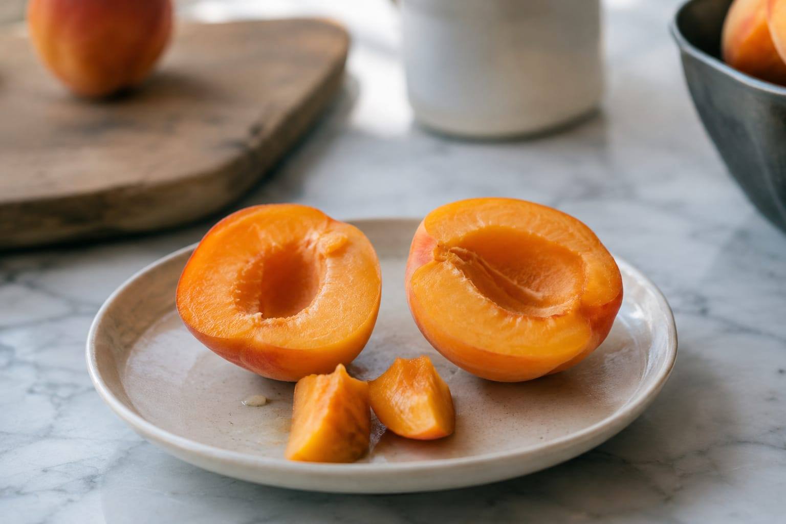 Morceaux de chair d’abricot frais, avec le noyau retiré, présentés sur une petite assiette claire.