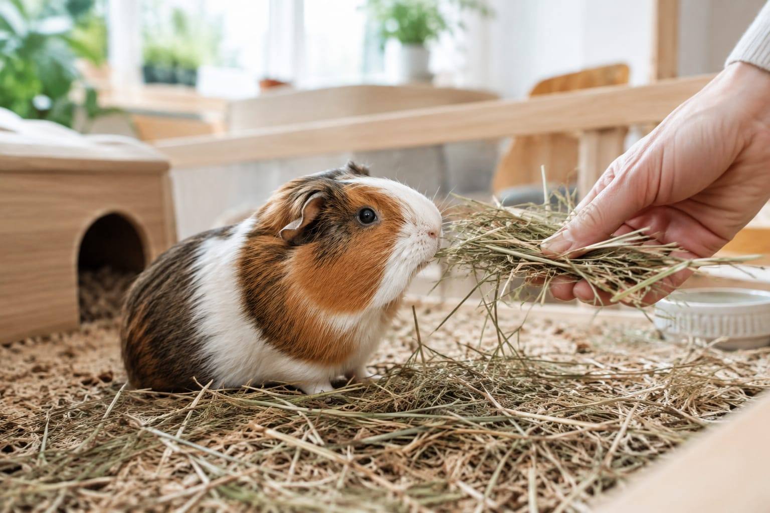 Un cochon d’Inde adopté observe son nouvel espace propre tandis qu’une main lui présente doucement du foin.
