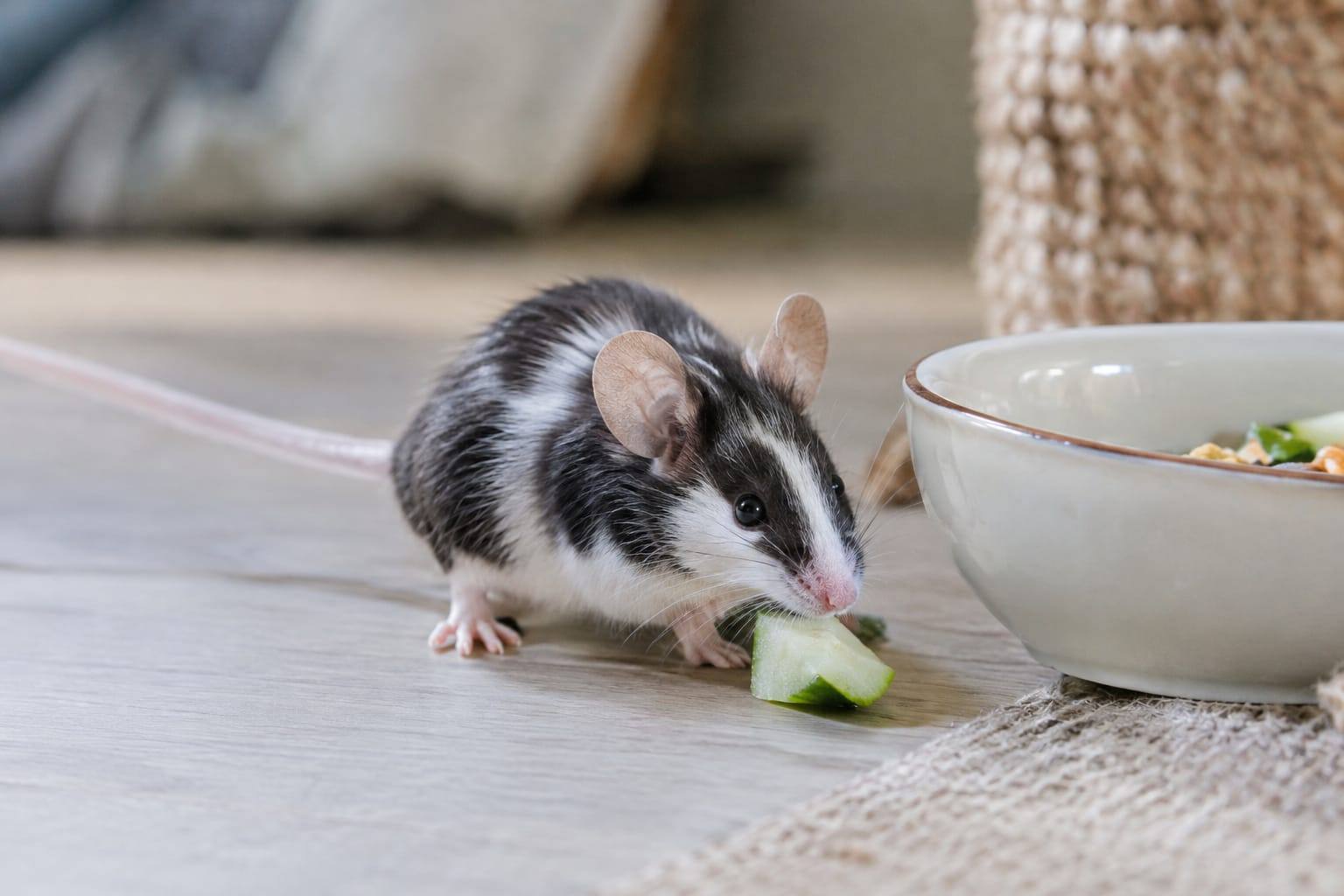 Une souris domestique bicolore observe un petit morceau de légume frais près de sa gamelle dans une cage propre.
