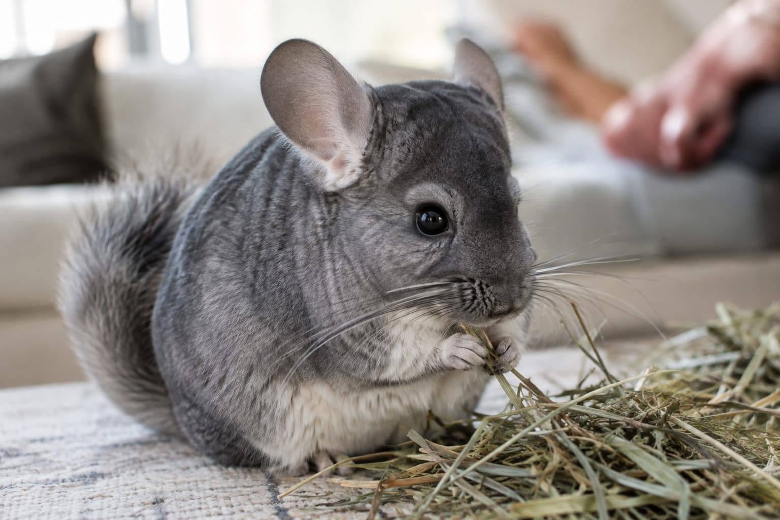 Chinchilla gris standard au pelage dense et velouté, assis près d’une poignée de foin dans un intérieur calme.