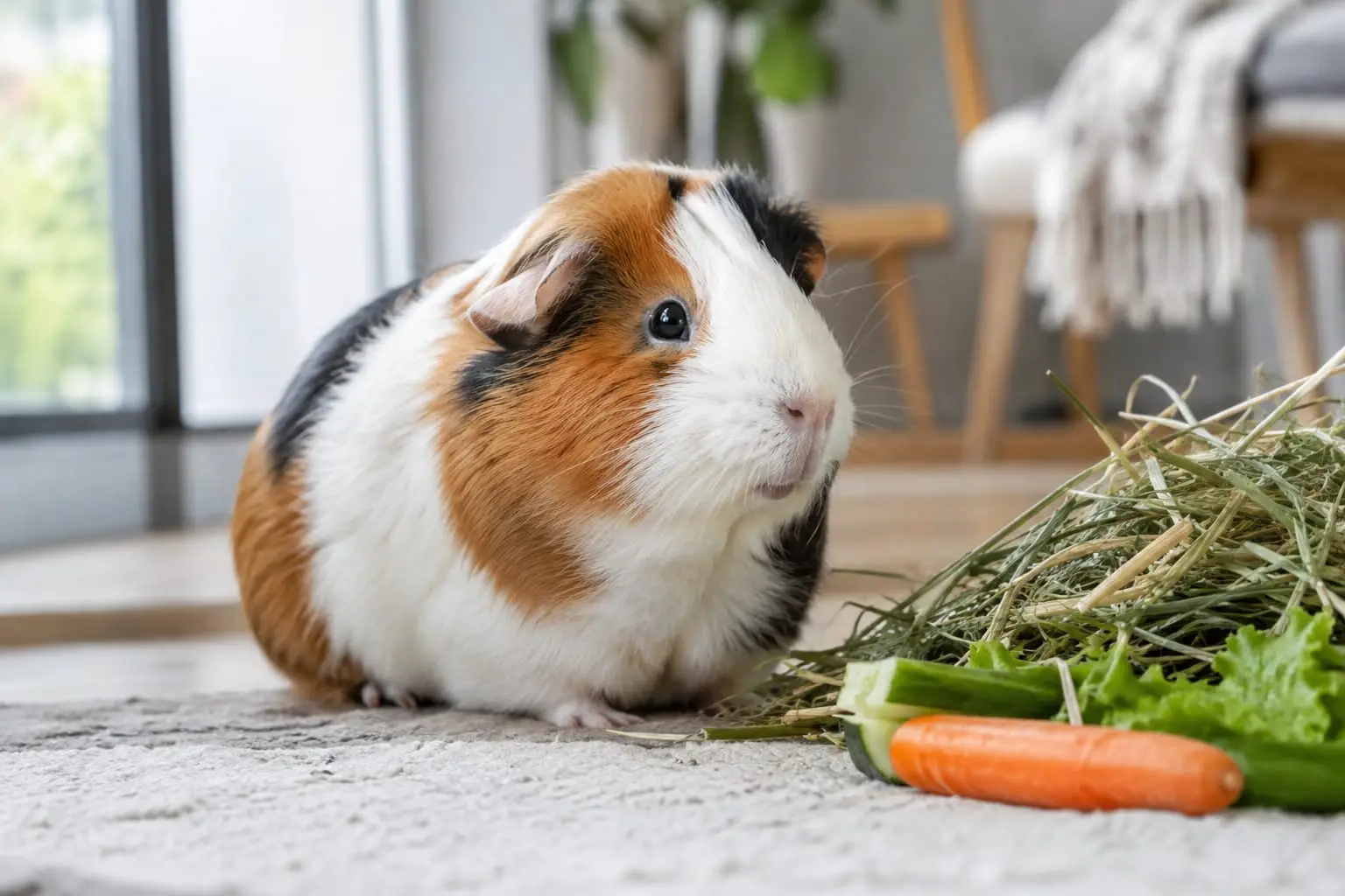 Cochon d’Inde tricolore à poil court près d’une assiette de légumes frais et de foin dans un intérieur lumineux.