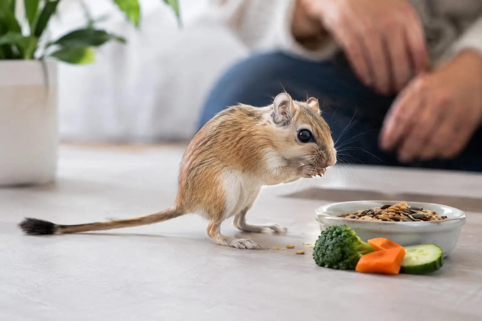 Gerbille de Mongolie au pelage agouti doré près d’une petite portion de graines et de légumes frais.