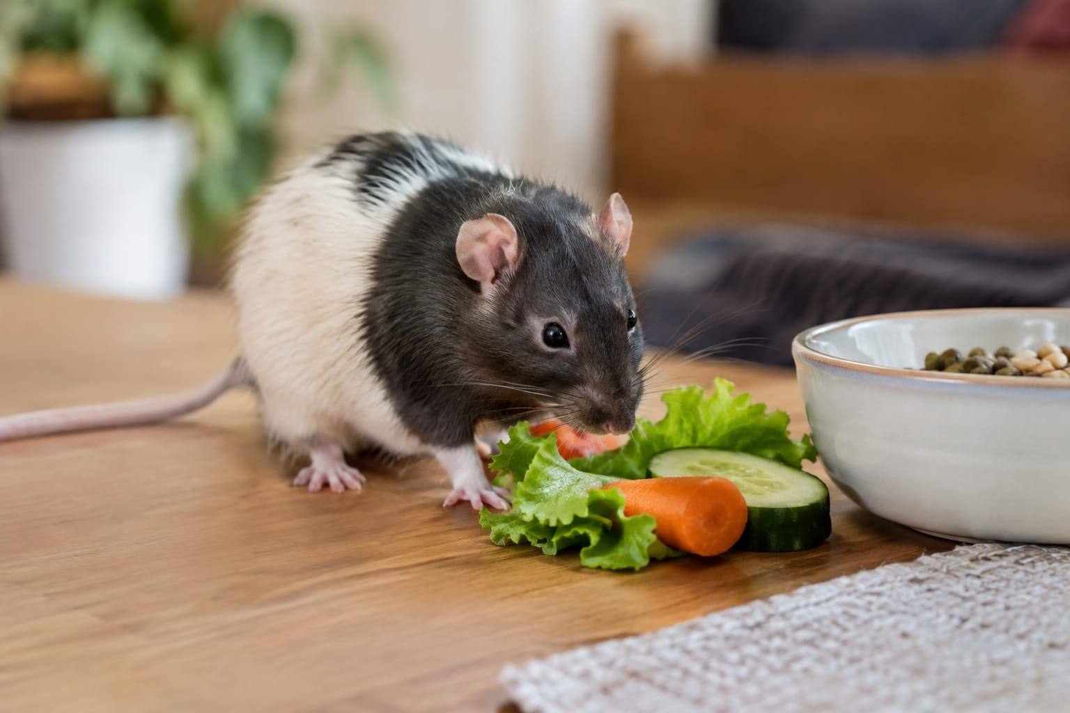 Rat domestique noir et blanc au pelage lisse, curieux près d'une gamelle de légumes frais dans un intérieur lumineux.