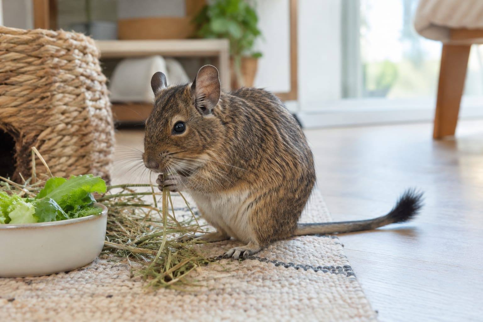 Octodon au pelage agouti gris-brun et ventre crème, mangeant du foin dans un habitat propre et lumineux.
