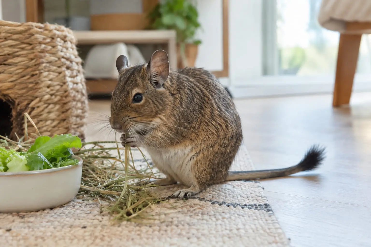 Octodon au pelage agouti gris-brun et ventre crème, mangeant du foin dans un habitat propre et lumineux.