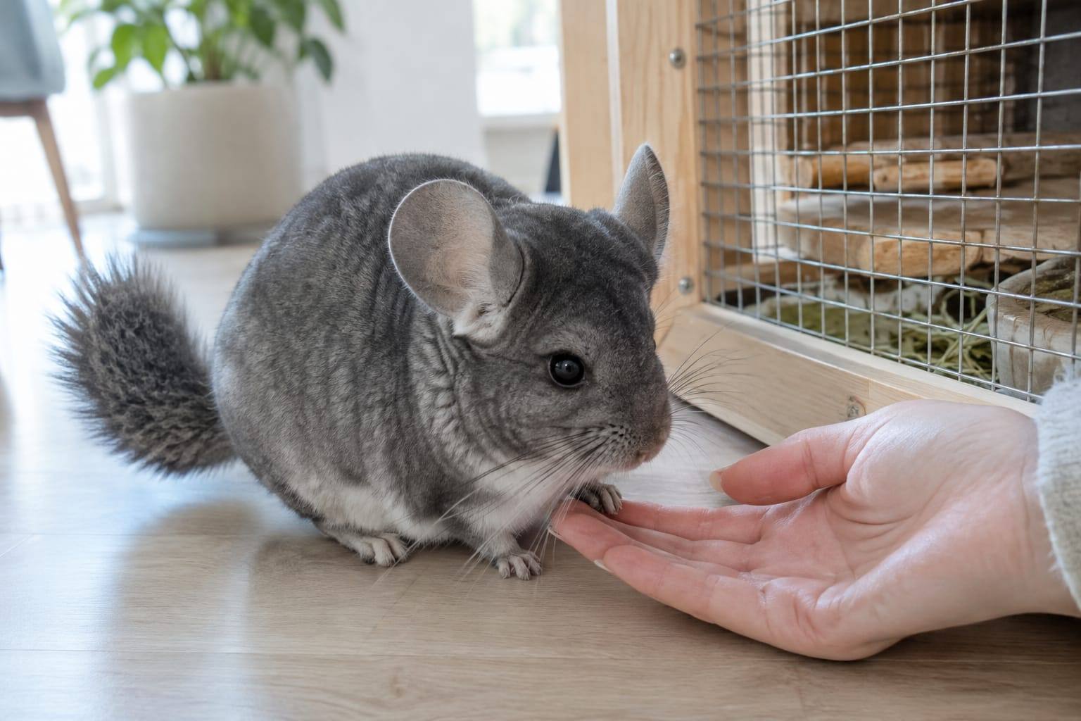 Un chinchilla gris standard au pelage dense observe une main posée près de sa cage dans une pièce calme.