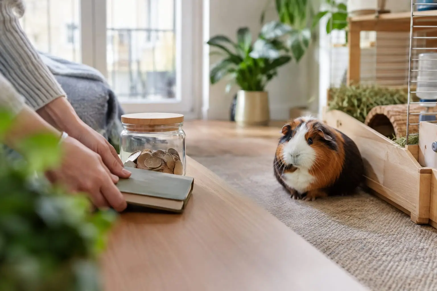Un cochon d’Inde calme dans son enclos, tandis qu’une personne prépare son carnet de suivi vétérinaire à la maison.
