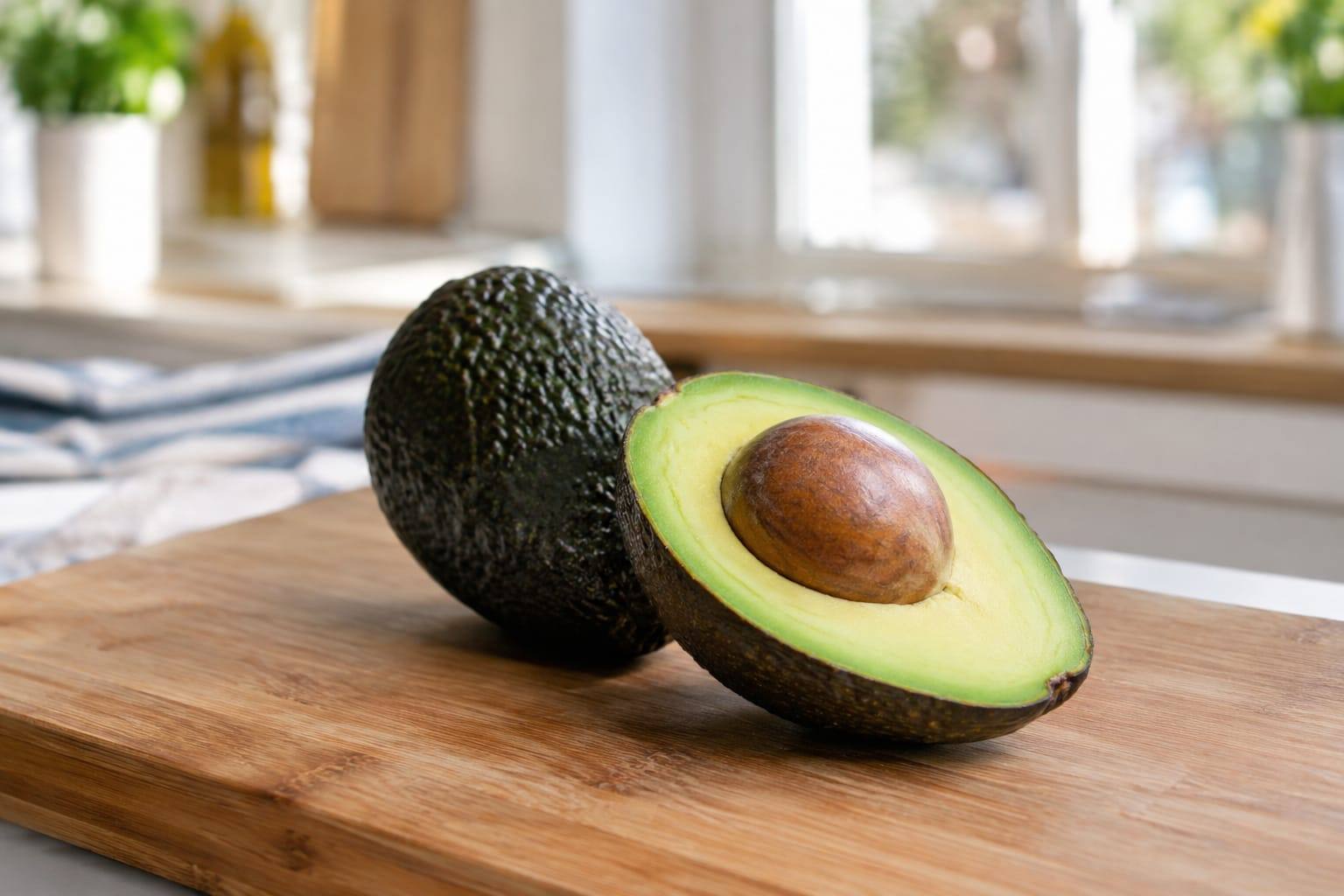 Avocat entier et avocat coupé en deux, avec son noyau visible, posés sur une planche dans une cuisine lumineuse.