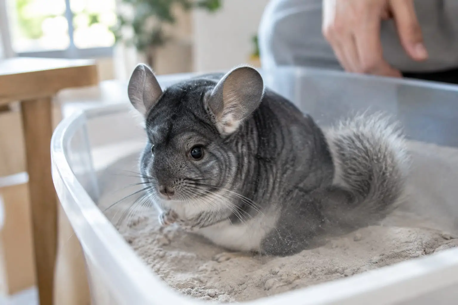 Un chinchilla gris standard se roule dans une poudre minérale fine, dans un bac propre posé au sol d’un intérieur lumineux.