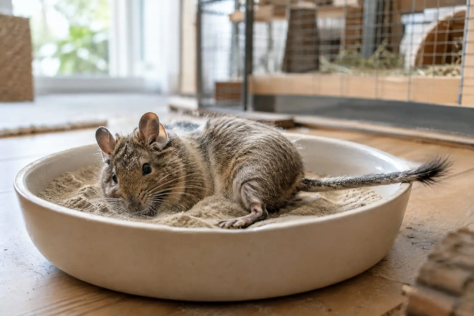 Un octodon gris agouti se roule dans une poussière de bain fine, dans une coupelle stable installée près de sa cage.