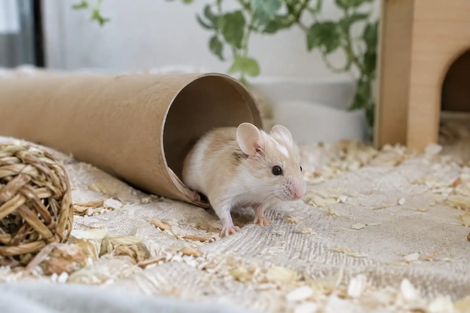 Une souris domestique crème et blanche au pelage lisse explore un tunnel en carton dans une cage aménagée.