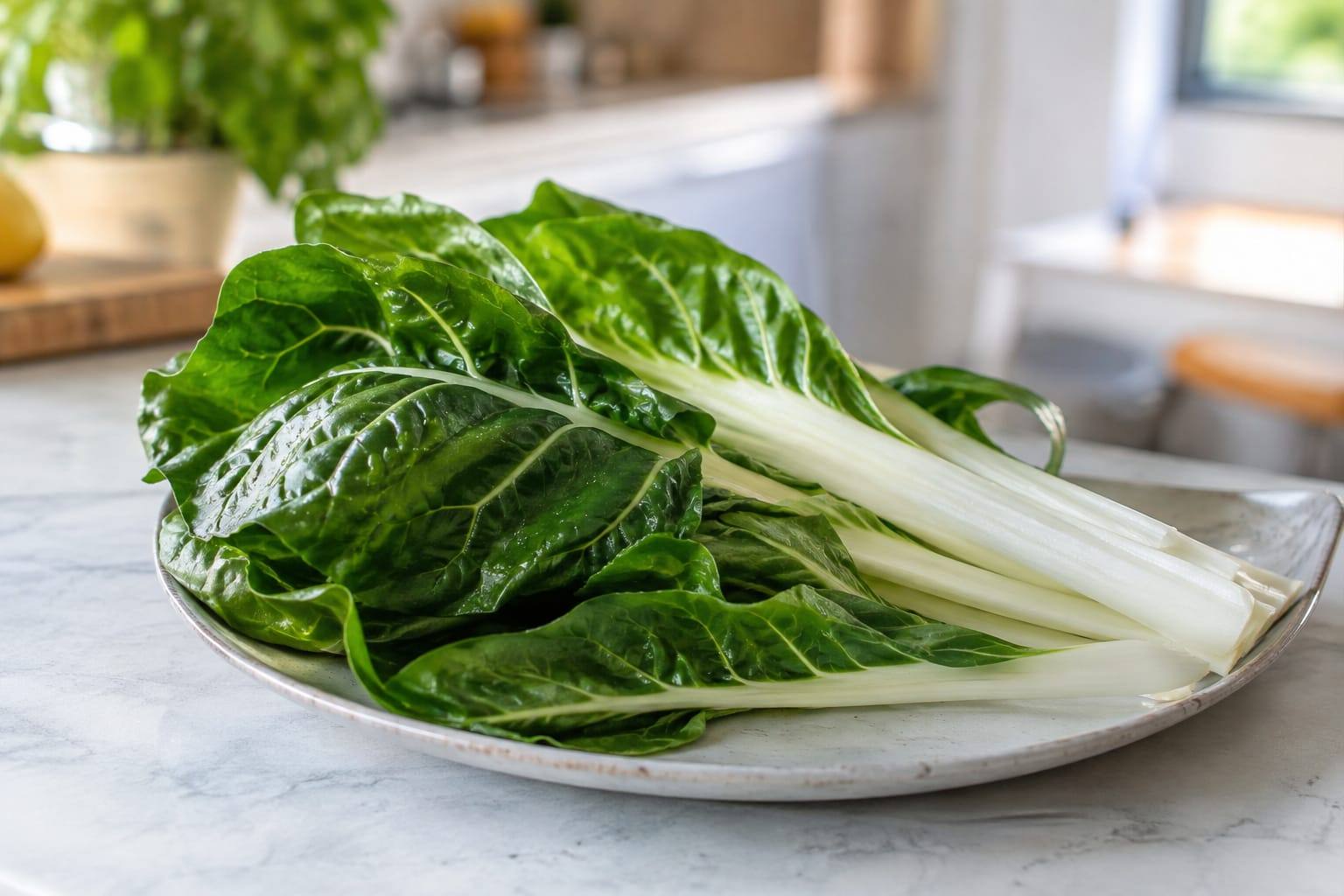 Feuilles vertes de blette et côtes blanches fraîchement rincées, posées sur une planche dans une cuisine lumineuse.