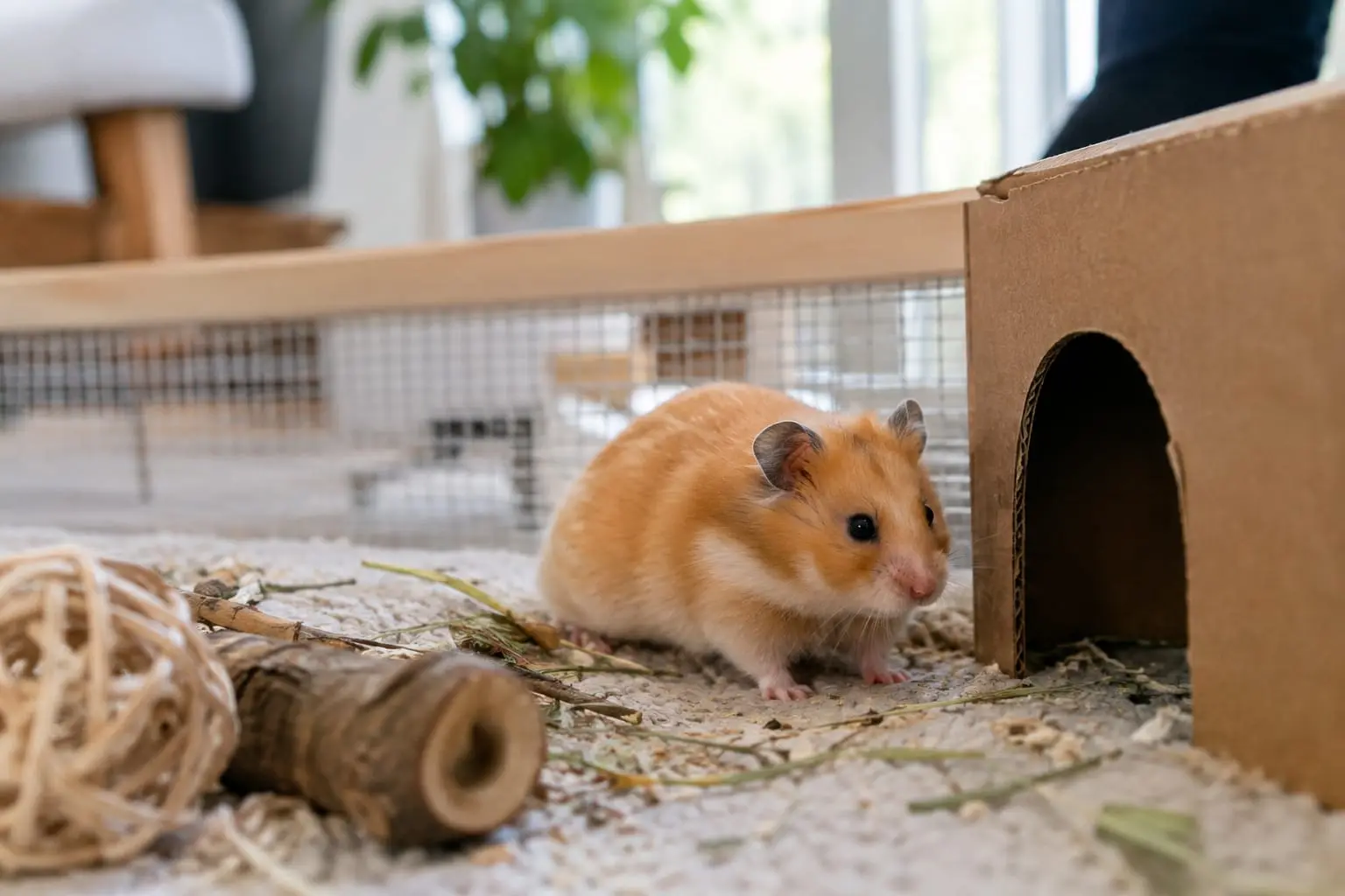 Hamster syrien au pelage orange et crème qui explore un enclos sécurisé au sol, près d'une petite cachette.