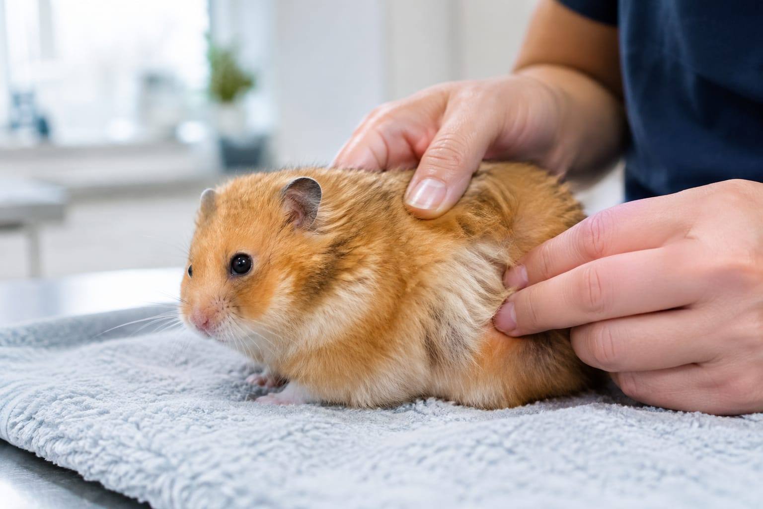 Hamster syrien doré observé doucement dans les mains d’un soignant, son pelage écarté pour examiner le flanc.