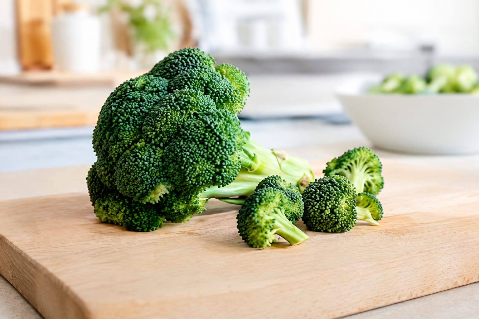 Petits bouquets de brocoli frais, fleurettes et tige tendre, posés sur une planche claire dans une cuisine lumineuse.