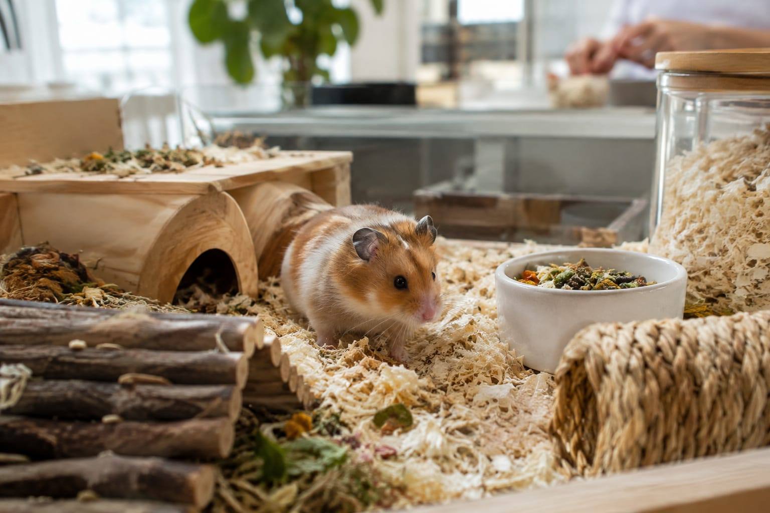 Un hamster près de son habitat aménagé, avec une réserve de nourriture et de litière rangée dans une pièce lumineuse.