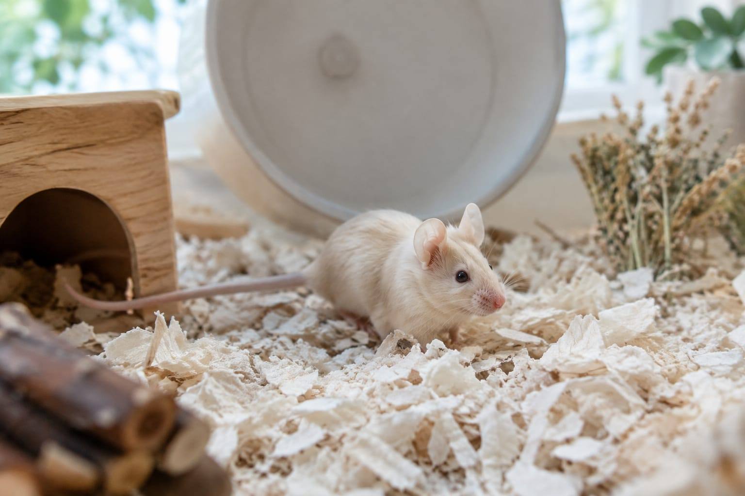 Une souris domestique crème explore une cage spacieuse avec litière profonde, abri en bois, tunnel et roue à surface pleine.