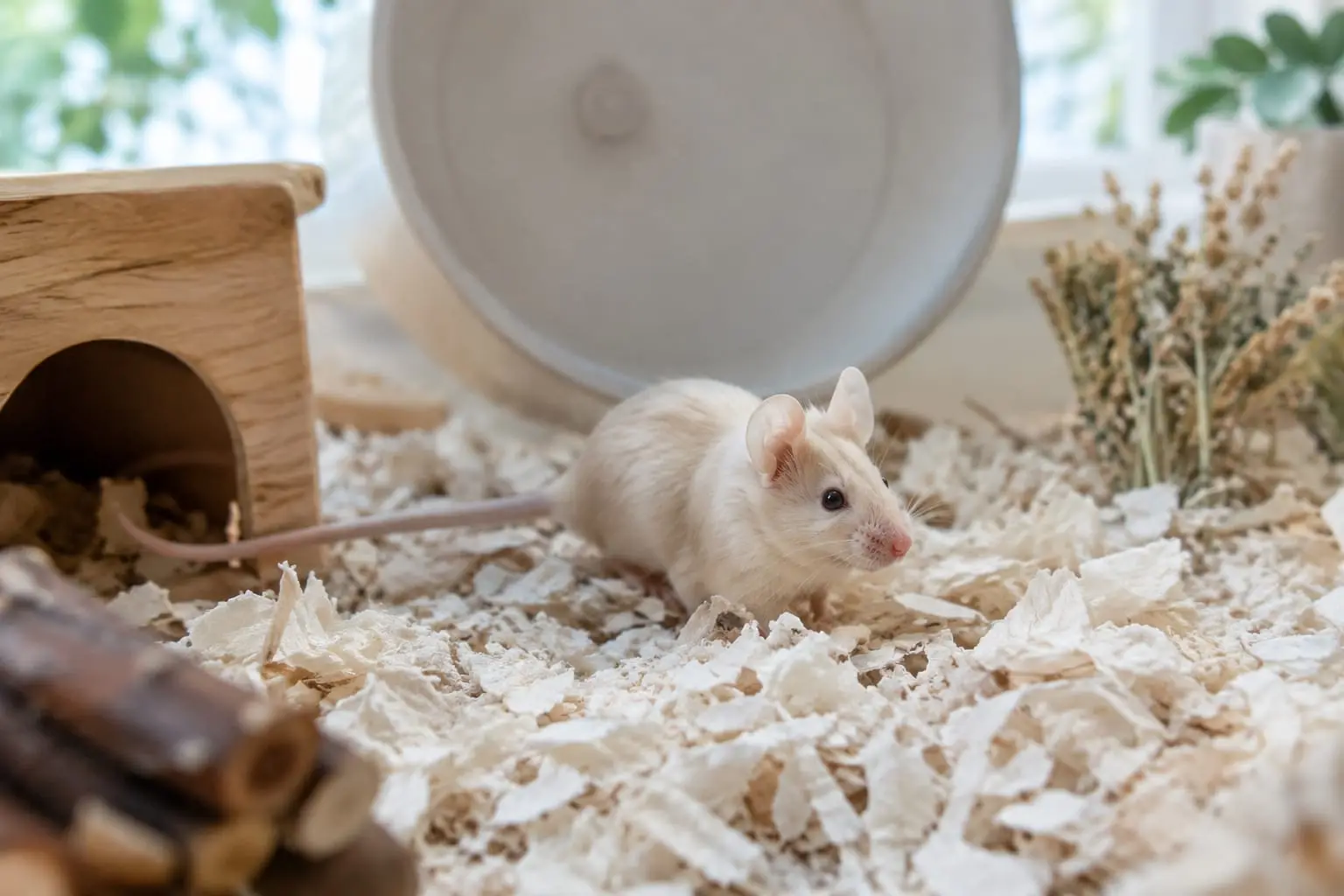 Une souris domestique crème explore une cage spacieuse avec litière profonde, abri en bois, tunnel et roue à surface pleine.