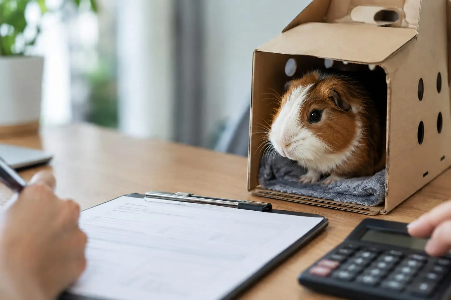 À la lumière douce, une facture vétérinaire et une calculatrice reposent sur un bureau près d’une caisse en carton, d’où un cochon d’Inde pointe le nez.