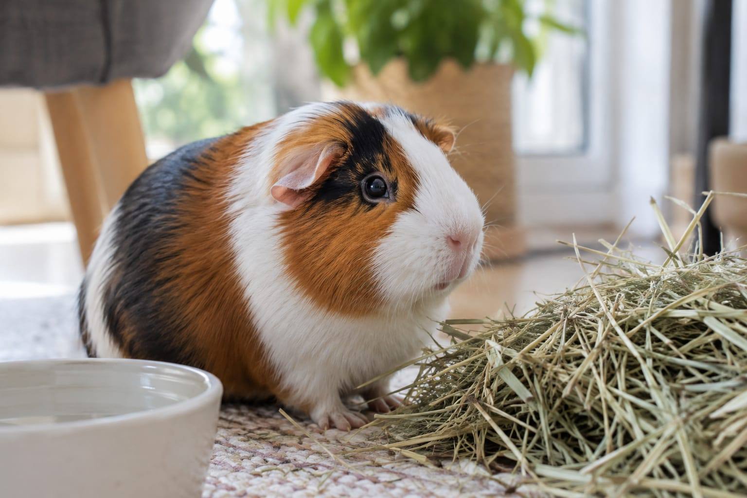 Cochon d’Inde tricolore au pelage blanc, roux et noir, installé dans un enclos propre avec du foin et un bol d’eau.