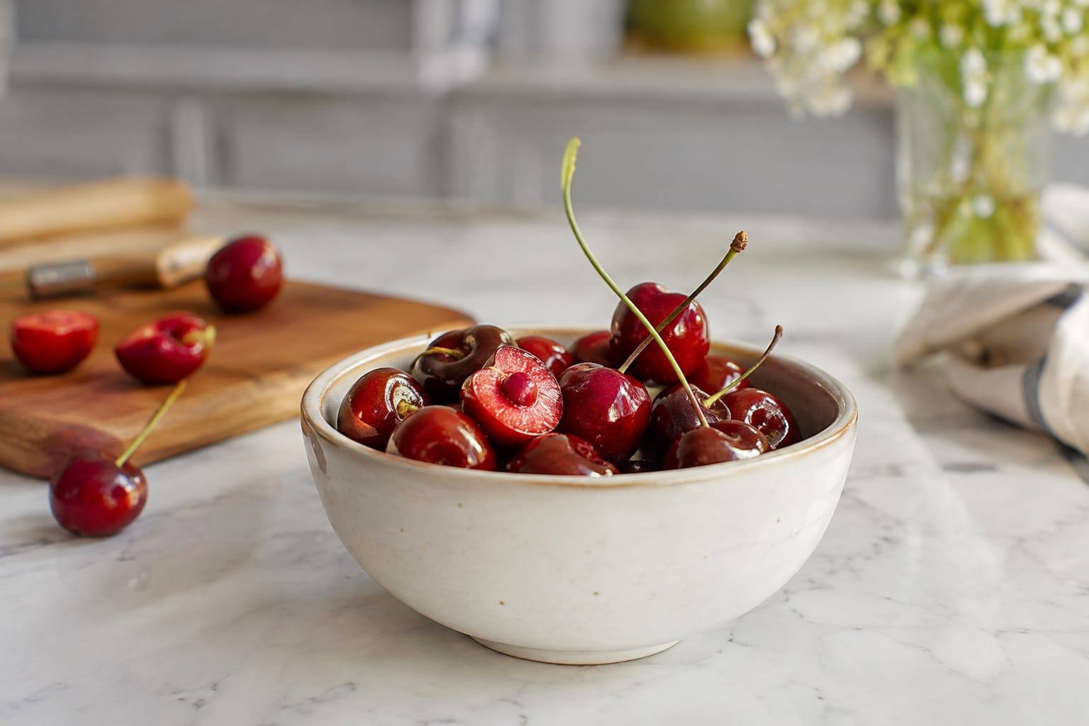 Quelques cerises rouges fraîches, lavées et dénoyautées, disposées dans une petite coupelle en céramique sur une table claire.