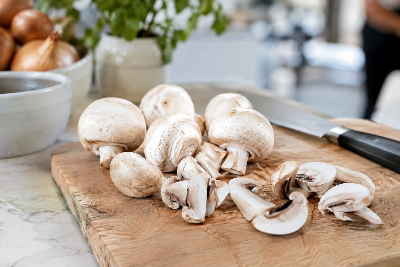 Champignons de Paris frais, entiers et tranchés, disposés sur une planche claire dans une cuisine lumineuse.