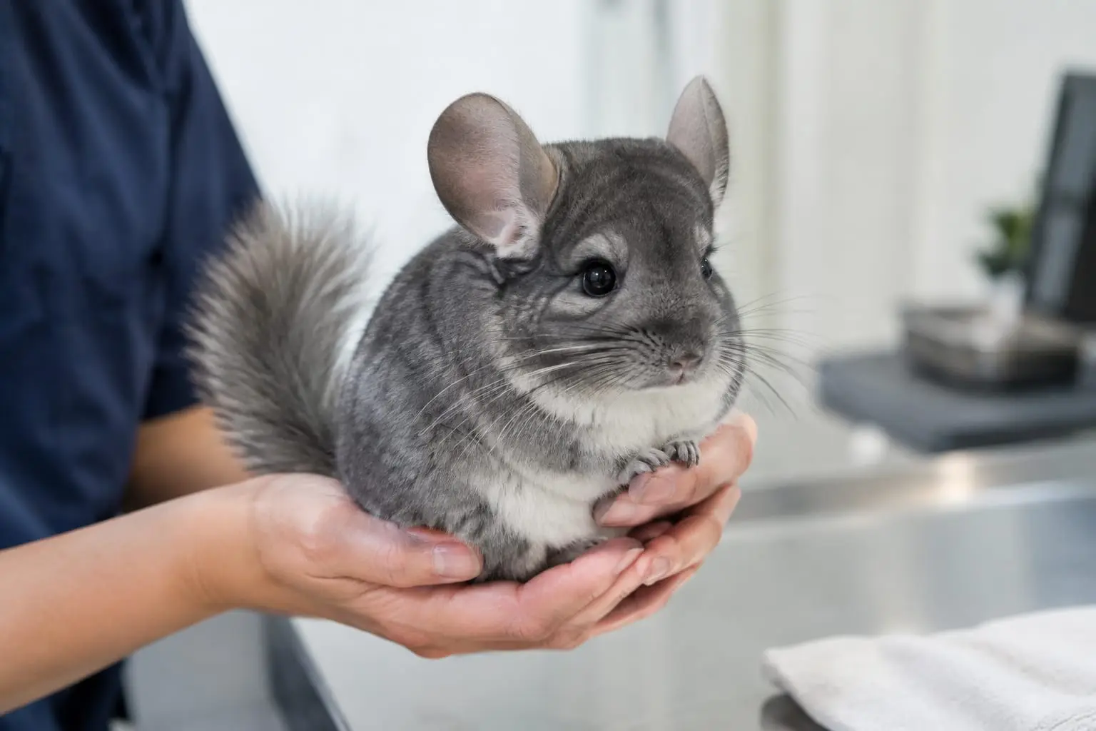 Un chinchilla gris au pelage velouté, ventre blanc, grandes oreilles et queue touffue est tenu dans des mains chez le vétérinaire.