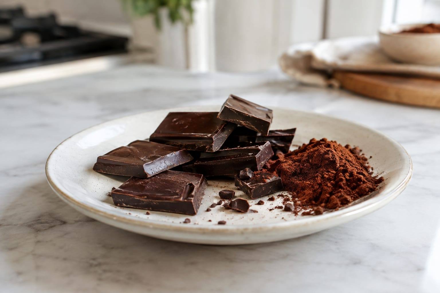 Carrés de chocolat noir et poudre de cacao disposés sur une assiette, avec quelques miettes sur un plan de cuisine clair.