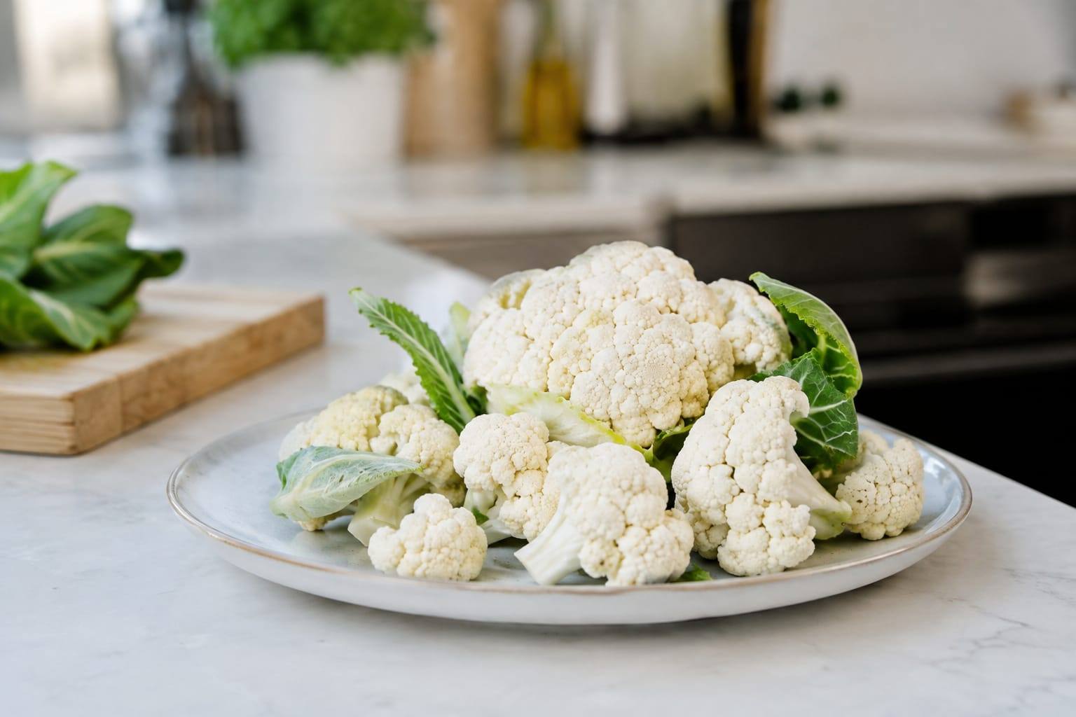 Fleurettes de chou-fleur cru et quelques feuilles fraîches disposées sur une assiette en céramique dans une cuisine claire.