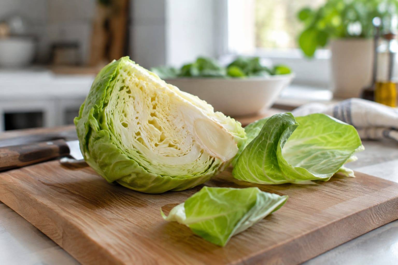Un morceau de chou vert frais, lavé et découpé, posé sur une planche en bois dans une cuisine lumineuse.