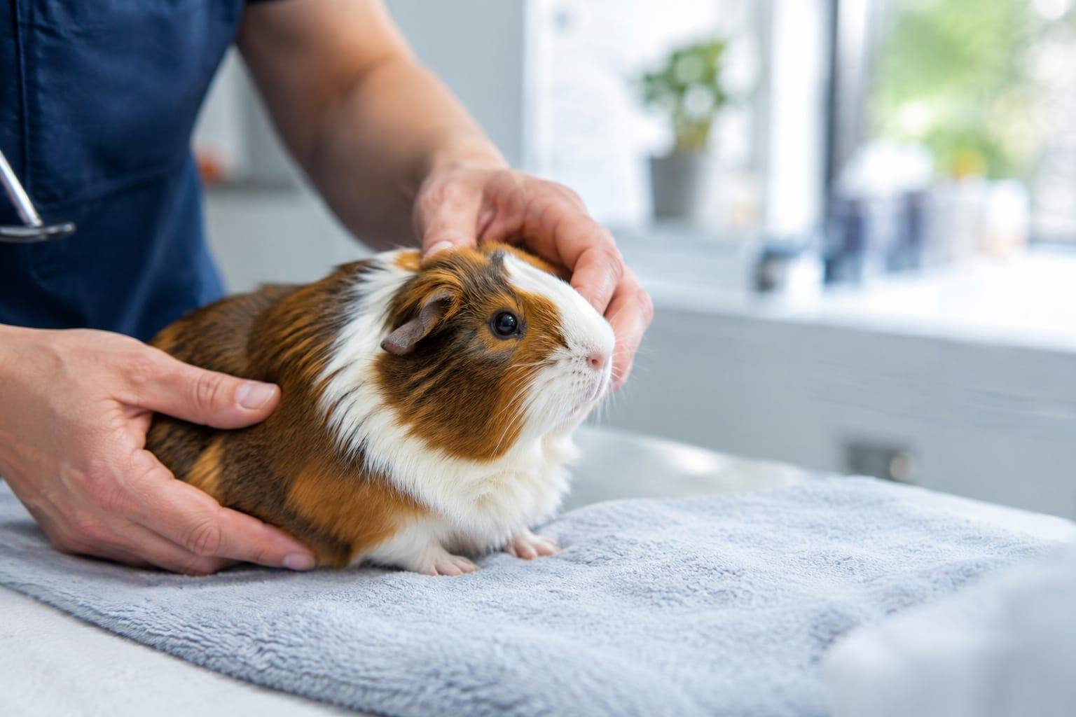 Un vétérinaire examine doucement un cochon d’Inde posé sur une serviette dans une salle de consultation lumineuse.