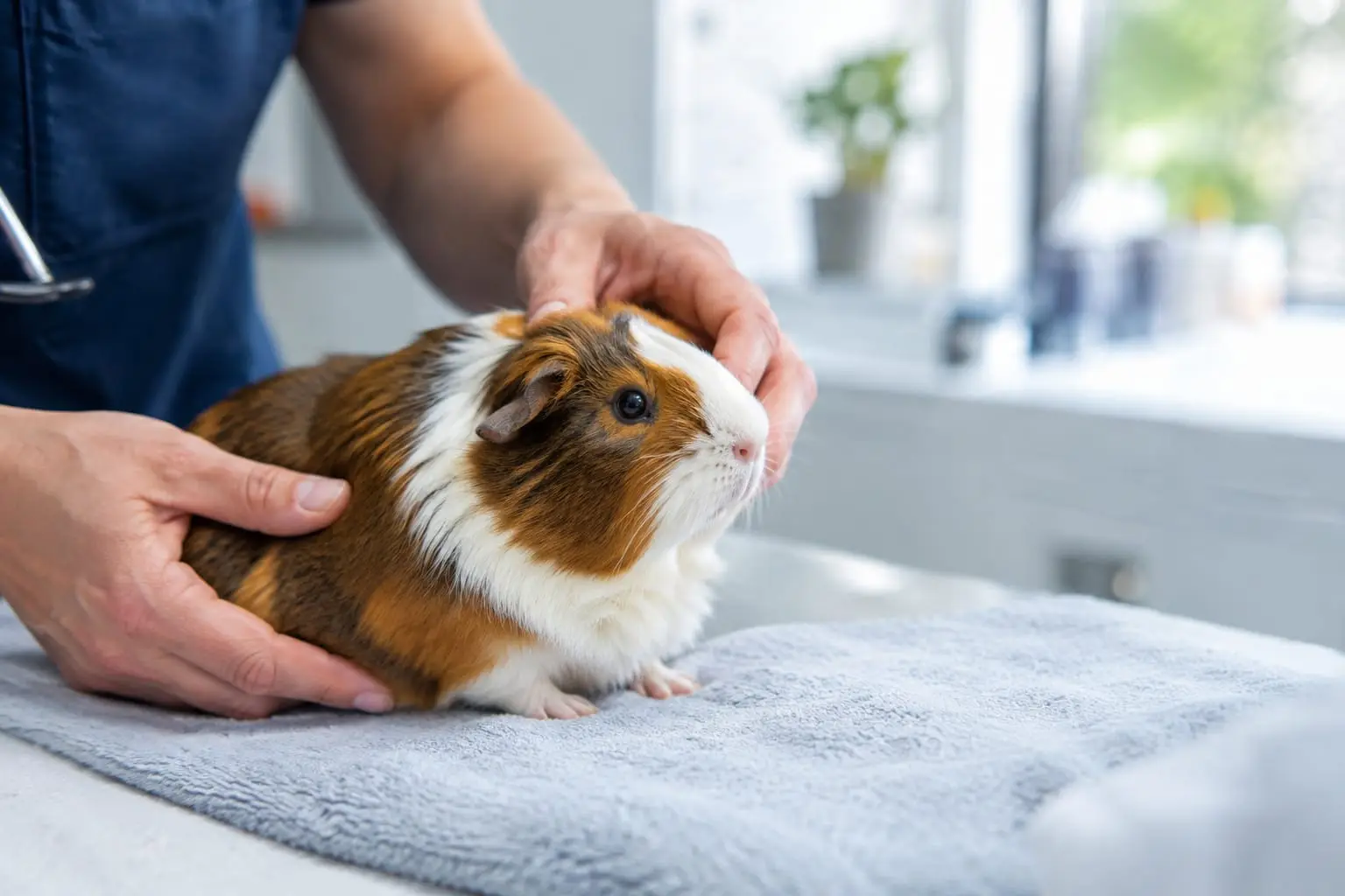Un vétérinaire examine doucement un cochon d’Inde posé sur une serviette dans une salle de consultation lumineuse.
