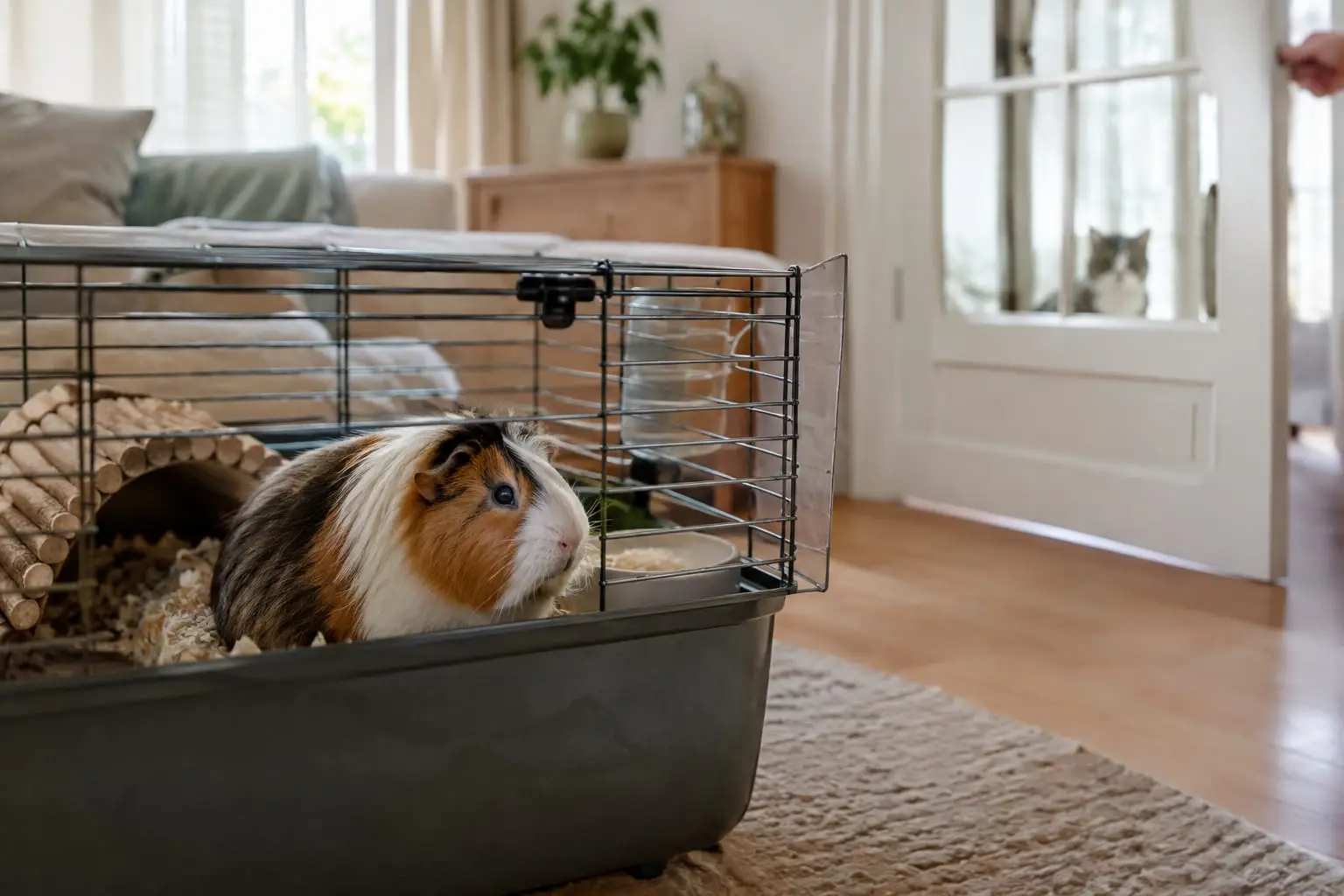 Un cochon d’Inde dans un habitat fermé et stable, tandis qu’un chat reste à distance dans une pièce lumineuse.