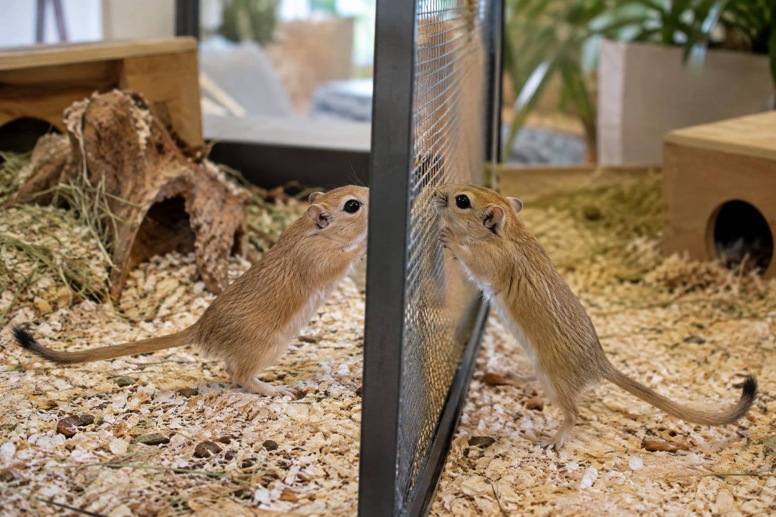 Deux gerbilles dorées observent calmement leur environnement de part et d’autre d’une séparation grillagée dans un habitat.