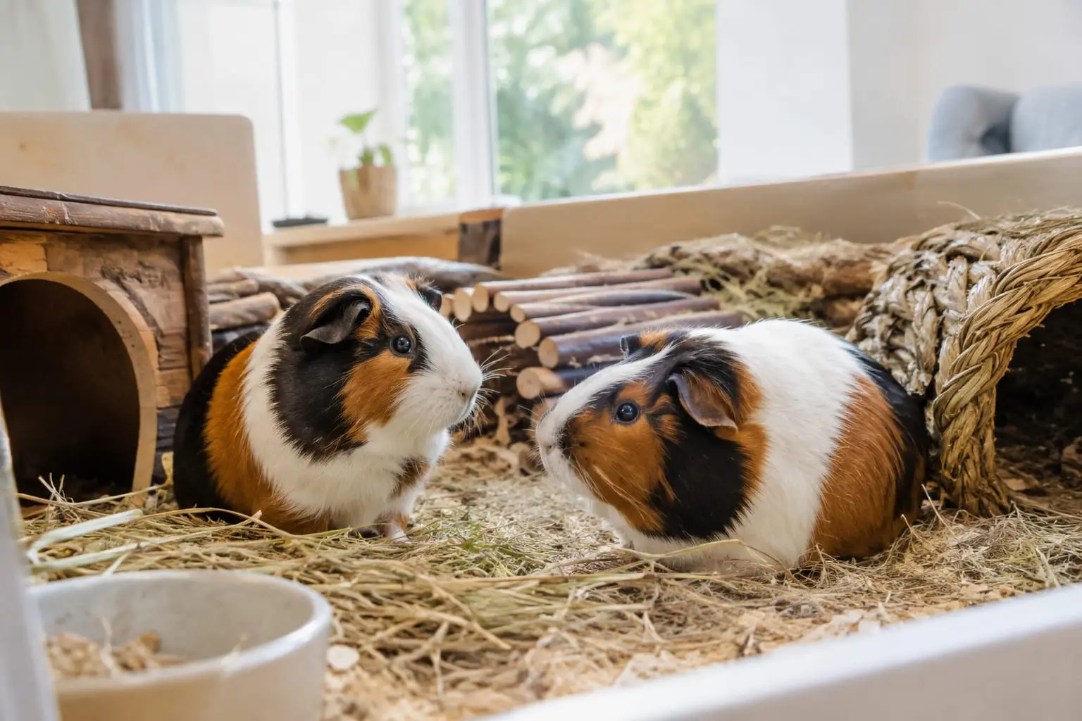 Deux cochons d’Inde tricolores se rencontrent dans un enclos spacieux aménagé avec du foin et des cachettes.