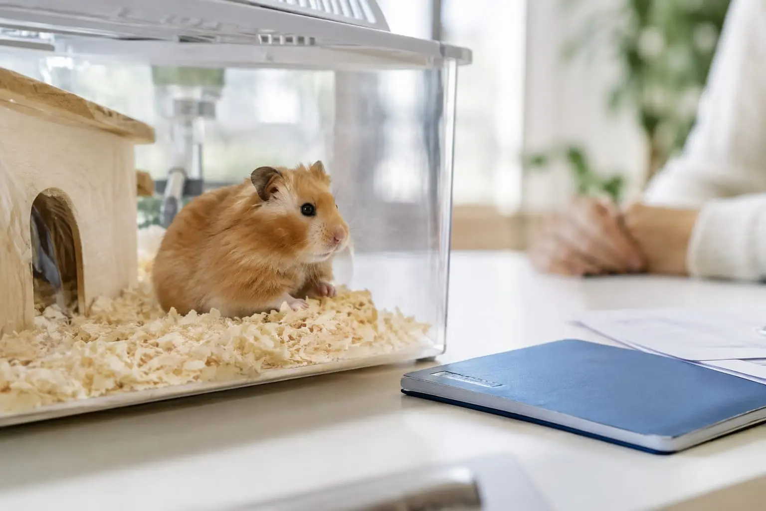 Un hamster installé dans son espace de vie près d’un carnet de santé et de documents vétérinaires sur une table.
