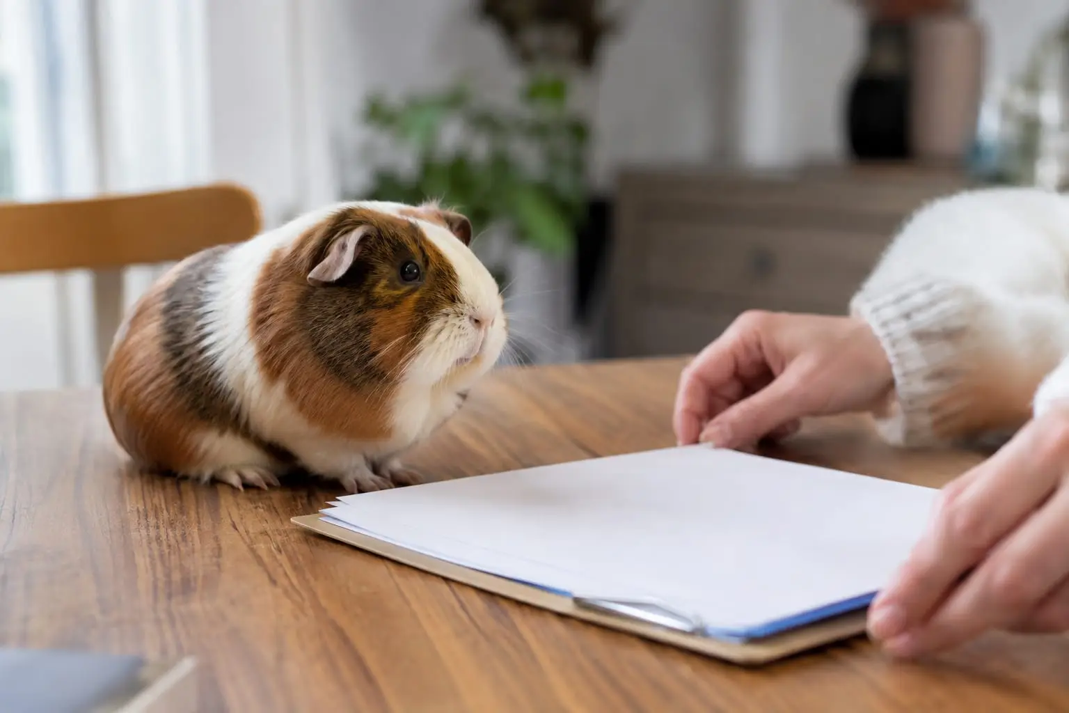 Un cochon d’Inde près d’un carnet de soins ouvert, dans un intérieur lumineux et contemporain.