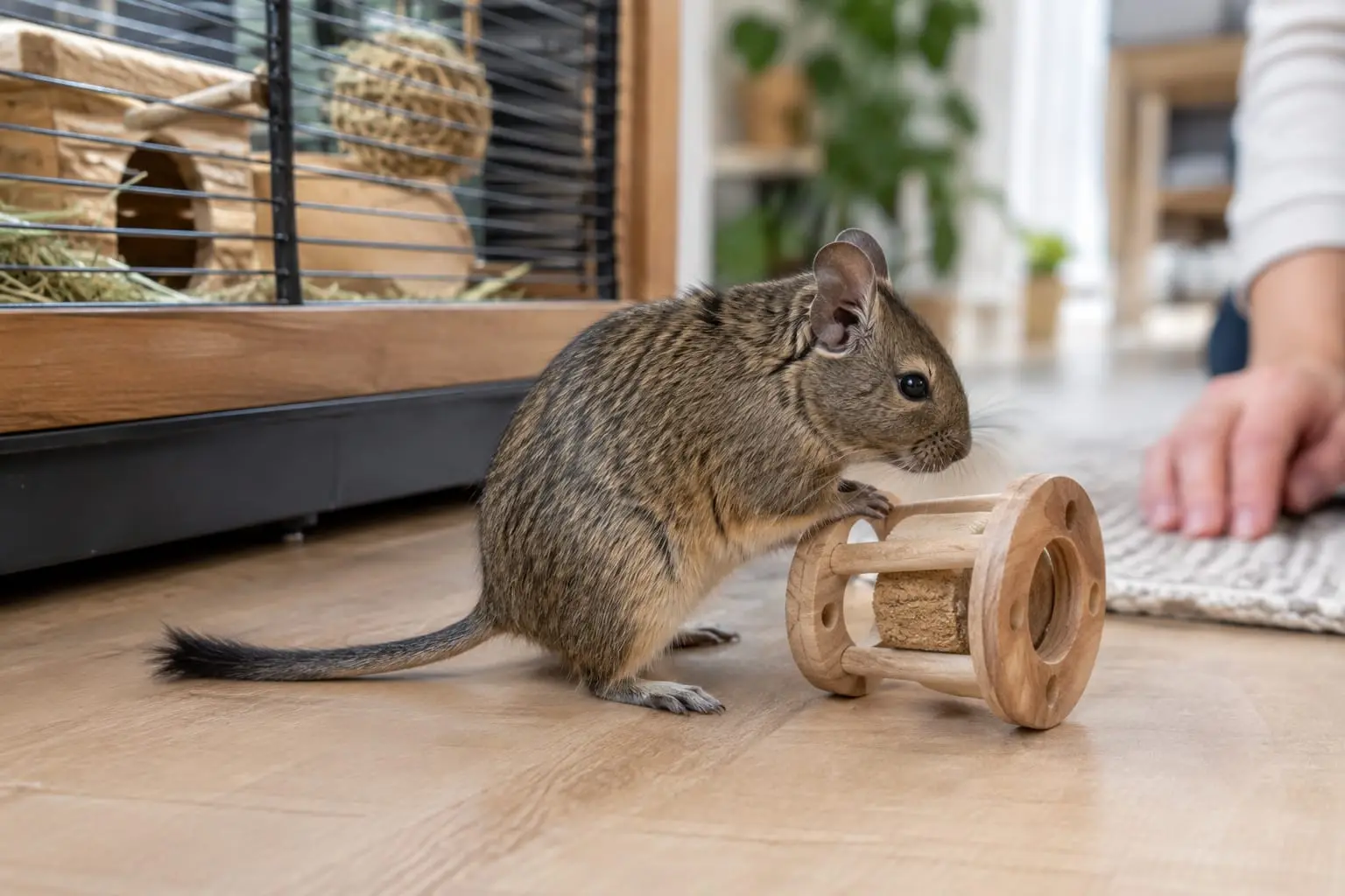 Un octodon au pelage agouti brun-gris et au ventre crème observe une main près de sa volière, dans un intérieur lumineux.