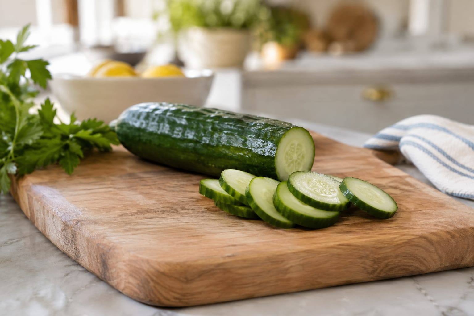Concombre frais entier et rondelles lavées, présentés sur une planche en bois dans une cuisine lumineuse.