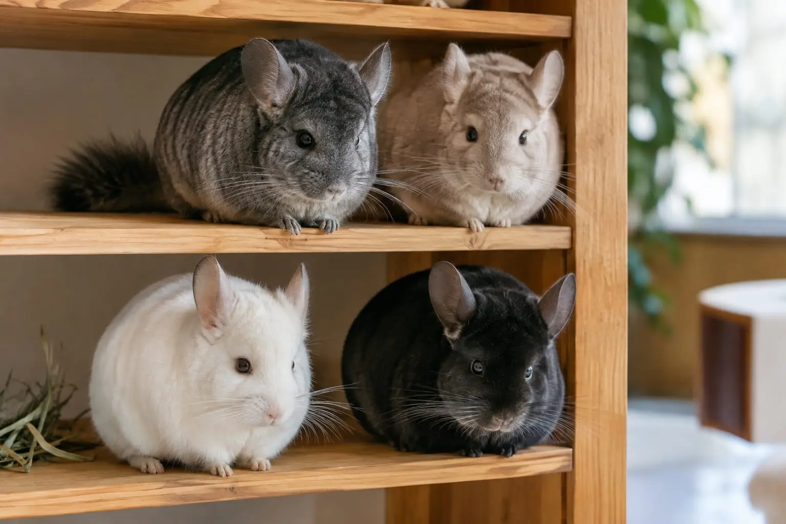 Quatre chinchillas gris standard, beige, blanc et noir velours sont assis sur des étagères en bois naturel, baignés de lumière douce.
