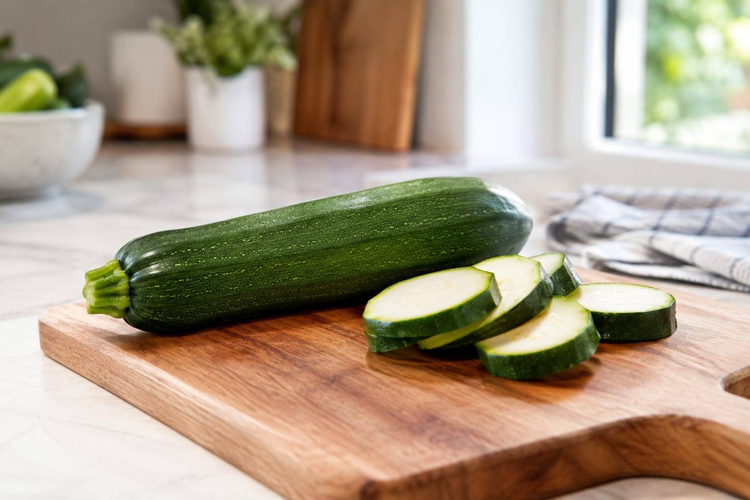 Une courgette fraîche coupée en rondelles sur une planche, avec quelques petits morceaux lavés prêts à être servis.