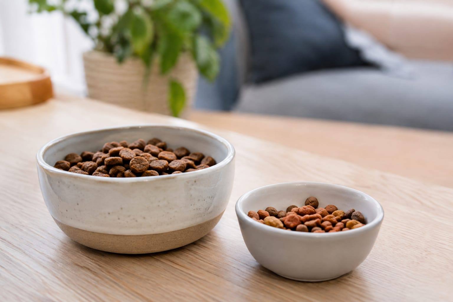 Croquettes sèches pour chat et chien, disposées dans deux petits bols sur une table claire, sans animal visible.