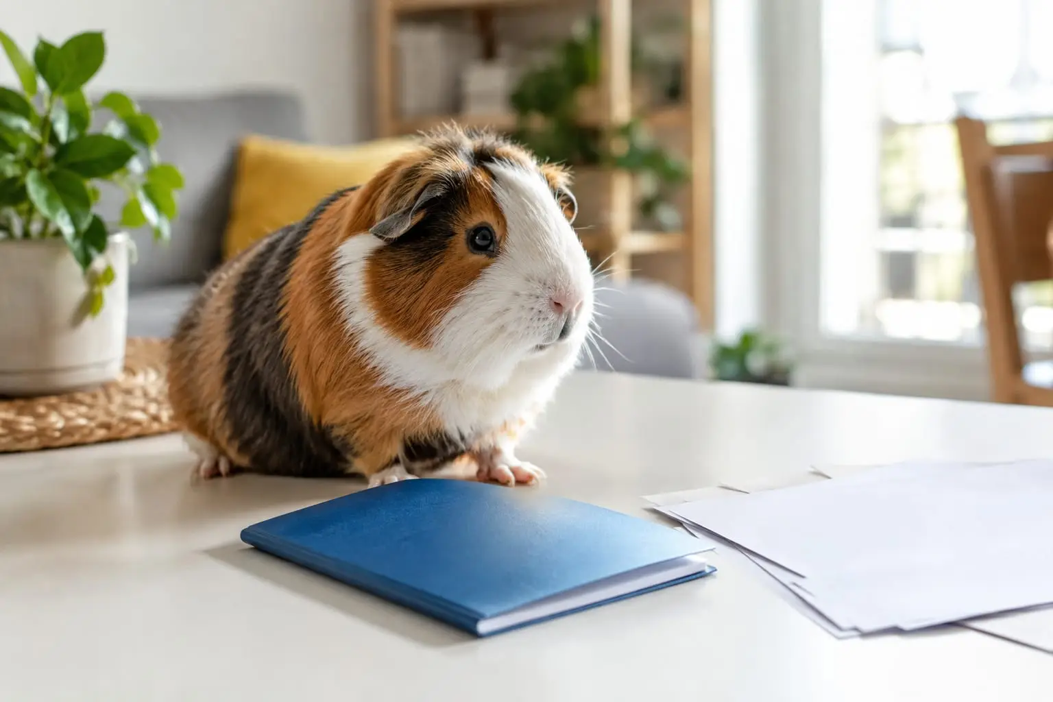 Un cochon d’Inde près d’un carnet de santé et de documents d’assurance sur une table claire.