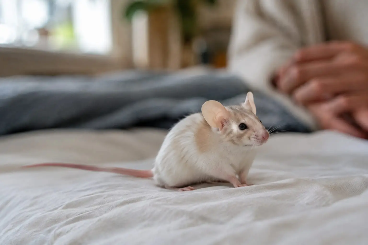 Souris domestique crème et blanche, au pelage brillant, observée de près dans un intérieur lumineux.
