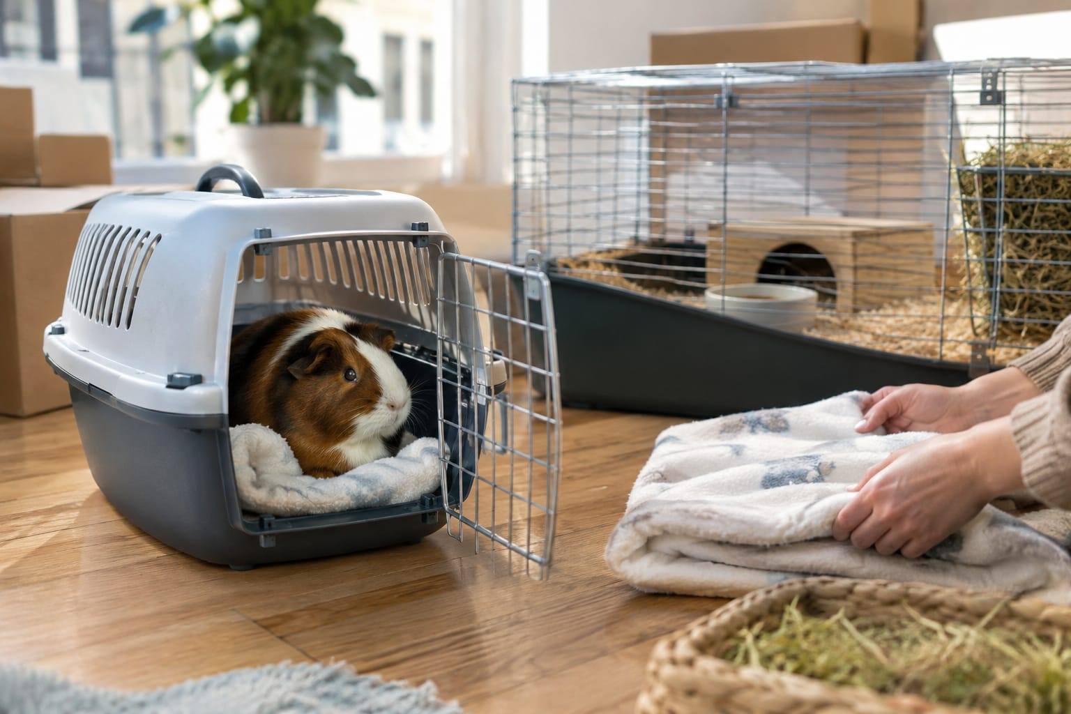 Un hamster dans une caisse de transport stable, près de sa cage familière préparée pour un déménagement en voiture.