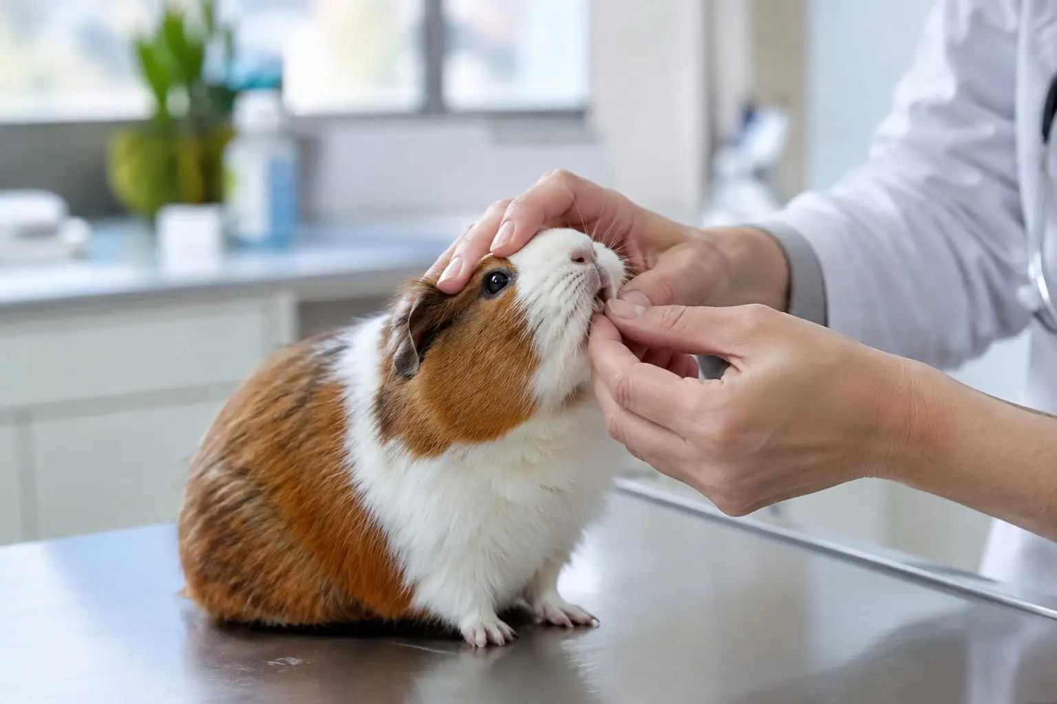 Un cochon d’Inde calme est examiné par un vétérinaire qui observe délicatement sa bouche en consultation.