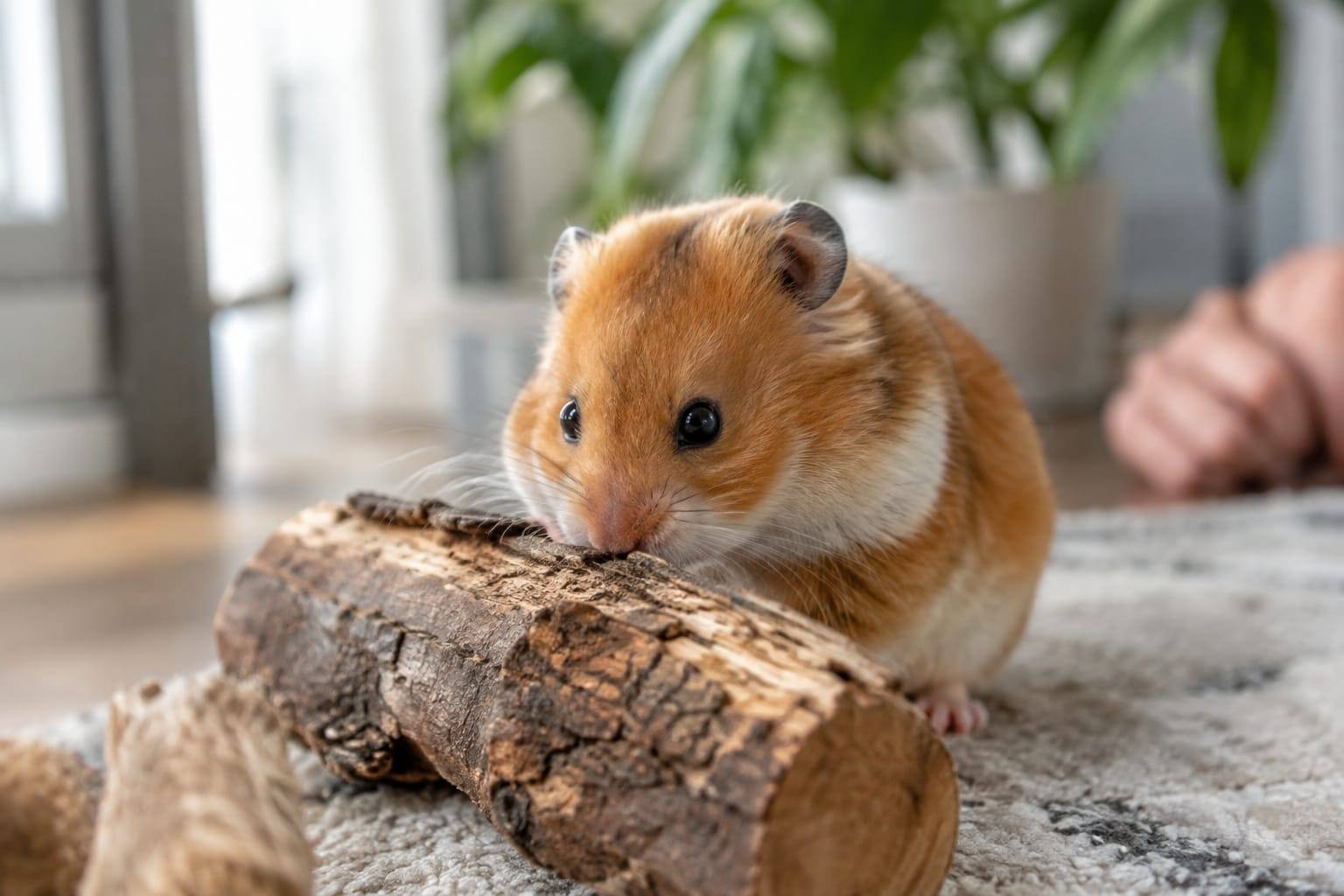 Hamster syrien au pelage roux et crème, debout près d’une branche à ronger dans un habitat propre.