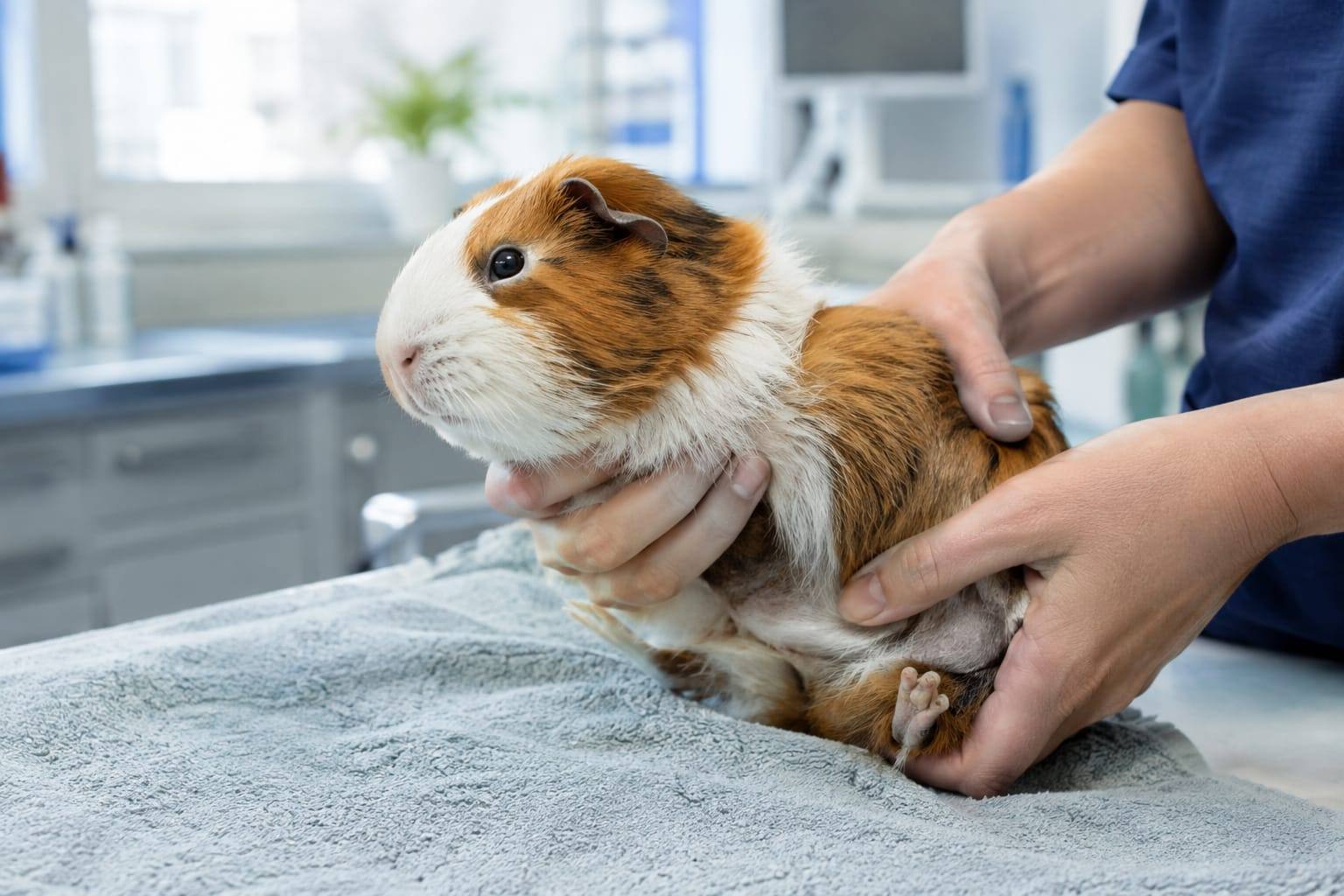 Un vétérinaire examine doucement le dessous d’un cochon d’Inde posé sur une serviette, dans une salle de consultation lumineuse.